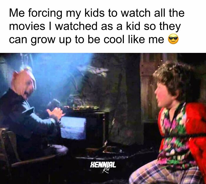 Scene from a nostalgic movie showing an adult forcing kids to watch classic films for xenials memory trip.