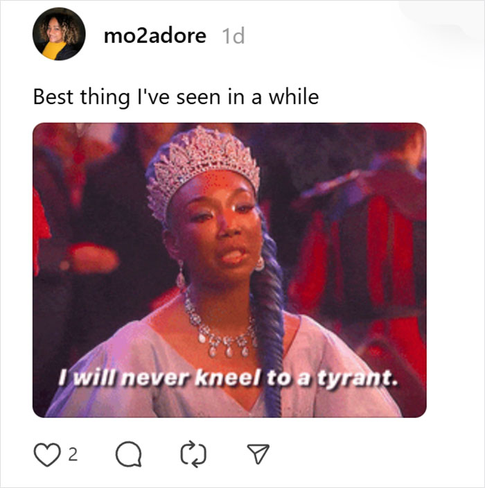 Screenshot of a viral Disney thread showing a character saying "I will never kneel to a tyrant" with user commentary.