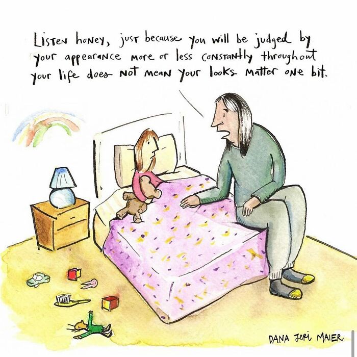 Comic by Dana Jeri Maier showing a parent comforting a child about appearance in everyday modern life.