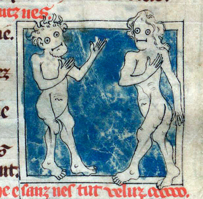 Medieval painting featuring two quirky human-like figures in a blue-bordered frame, perfect for meme captions and punchlines.