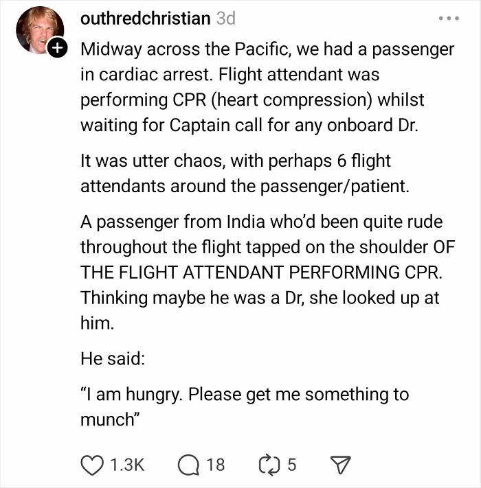 Screenshot of a social media post describing unhinged passenger behavior seen by flight attendants during an in-flight emergency.