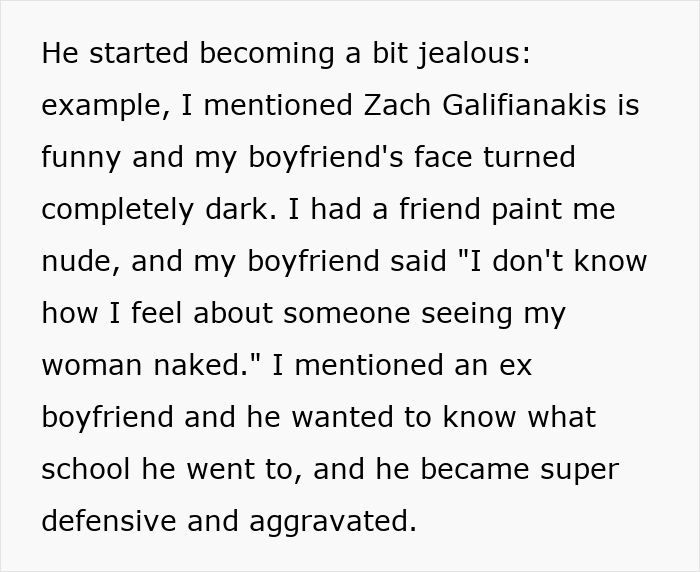 Text excerpt describing a boyfriend&rsquo;s jealousy and fears of golddiggers, including controlling behaviors and defensiveness.