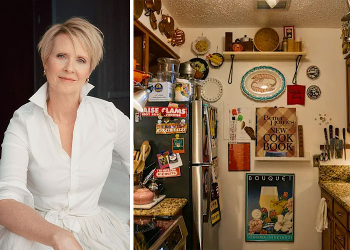 Cluttered celebrity kitchen with mismatched decor and outdated items showing poor taste despite wealth.