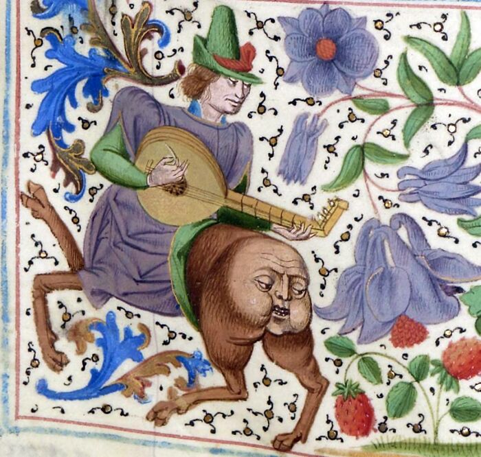 Medieval painting showing a mythical creature with a human head and playing a lute surrounded by colorful flowers.