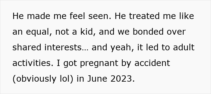 Text excerpt showing a young mom describing bonding and accidental pregnancy with her older partner in 2023.