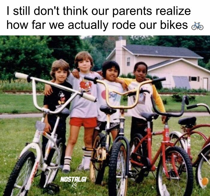 Four kids with vintage bikes in a suburban yard, evoking nostalgic memories for Xenials about childhood bike rides.