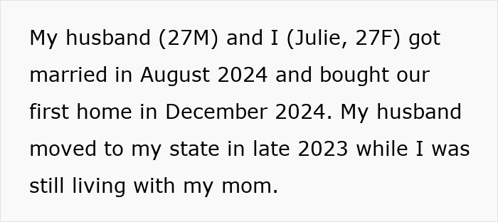 Text describing a wife done with husband's relatives living with them as he throws a fit over not housing his mother.