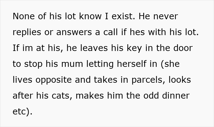 Text excerpt describing a woman&rsquo;s casual boyfriend hiding a side relationship during their 3-year situationship.