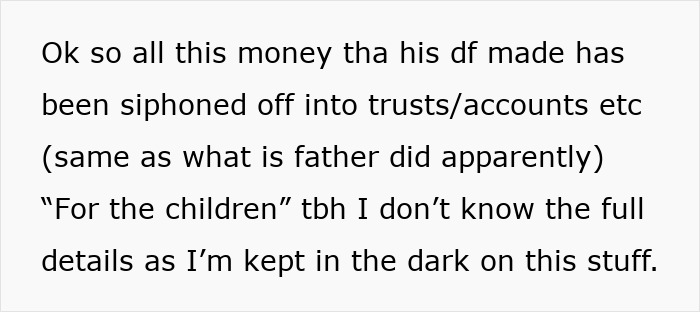 Text message explaining money siphoned into secret trusts and accounts, highlighting upset husband over hidden funds. Text message explaining money siphoned into secret trusts and accounts, highlighting upset husband over hidden funds.