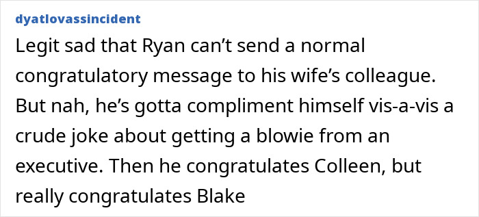 Screenshot of a social media comment criticizing Ryan Reynolds for a manipulative email to author Colleen Hoover.