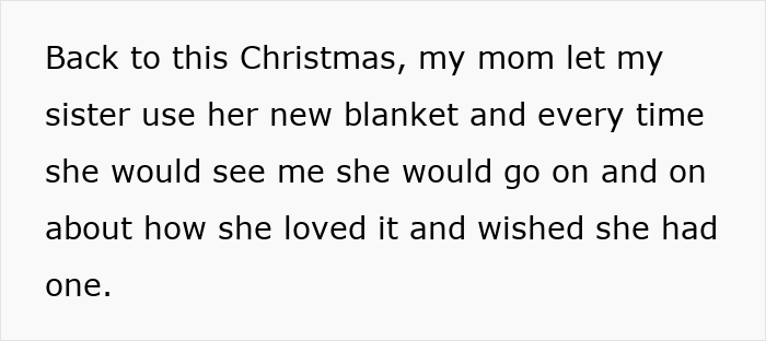 Screenshot of text about sister using a heated blanket, repeatedly saying she loved it and wished she had one Screenshot of text about sister using a heated blanket, repeatedly saying she loved it and wished she had one