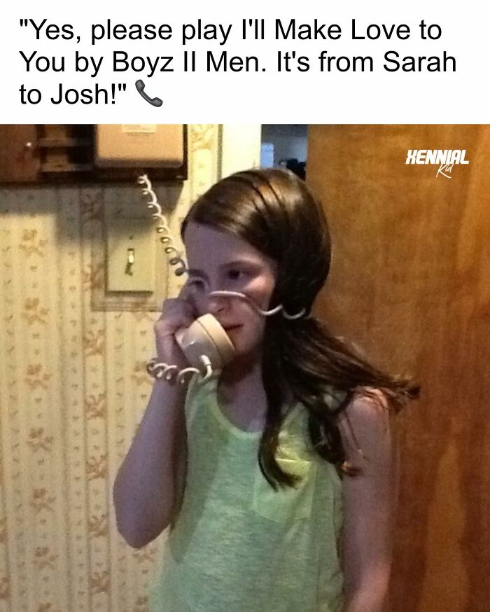 Young girl with long hair holding a vintage corded phone, evoking nostalgic moments for Xenials.