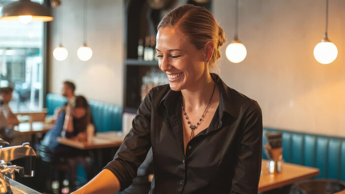 Smiling female barista serving coffee in a busy cafe, illustrating awkward moments people in the service industry experience.