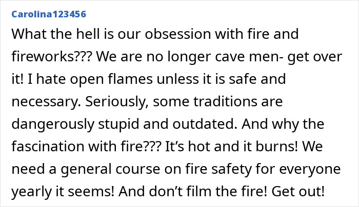 Comment expressing frustration about fire obsession and urging fire safety, related to disturbing new details about Swiss resort blaze.