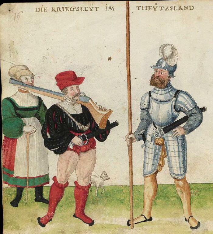 Medieval painting showing three figures including a knight in armor and a man playing a long horn in colorful attire.