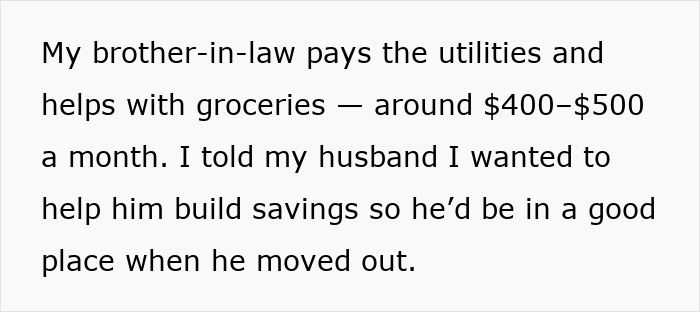 Text about brother-in-law paying utilities and groceries, wife wants husband to build savings before moving out.