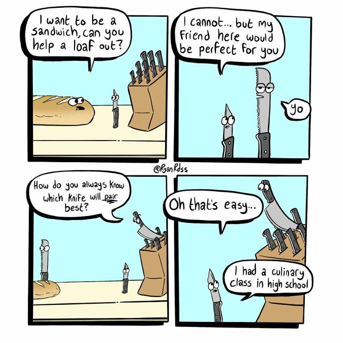 Comic artist’s dark, absurd punchline comic showing talking knives and a loaf with unexpected humor and cute setups.