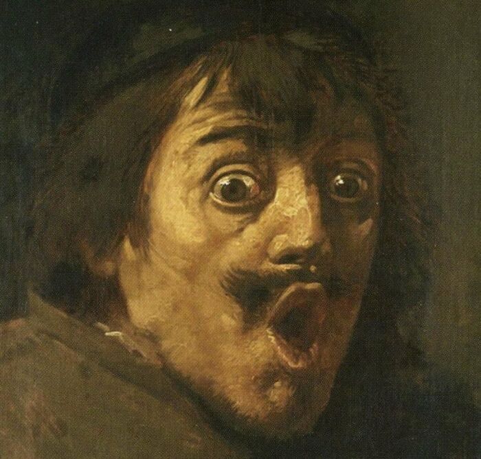 Close-up of a medieval painting featuring a man with wide eyes and an open mouth perfect for meme captions and punchlines.
