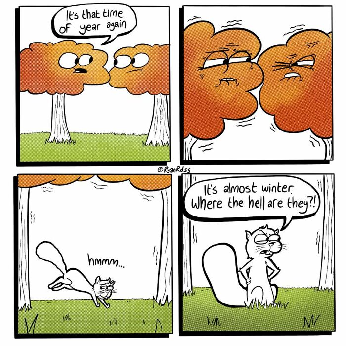 Comic artist’s dark, absurd punchline shows two trees and a confused cat debating the arrival of winter in a cute setup.