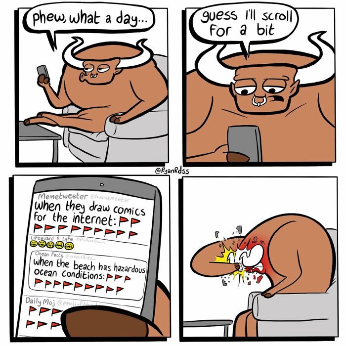 Comic artist’s dark and absurd punchline comic shows a bull scrolling dangerous internet content before a shocking twist.