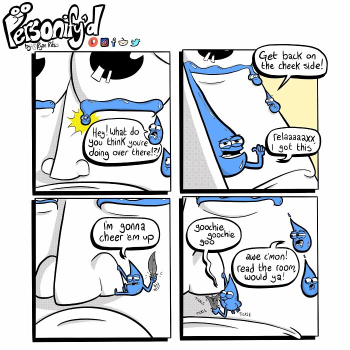 Comic artist’s dark, absurd punchline comic shows quirky blue characters interacting on a person’s face with unexpected humor.