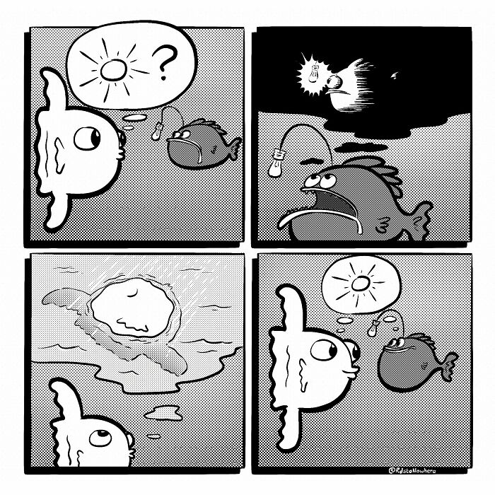 Black and white comic panels showing fish with a lightbulb lure, illustrating dark absurd punchlines by comic artist.