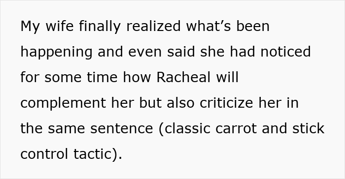 Screenshot of text about man suspects wife and red flags as wife notes Racheal's carrot and stick tactics