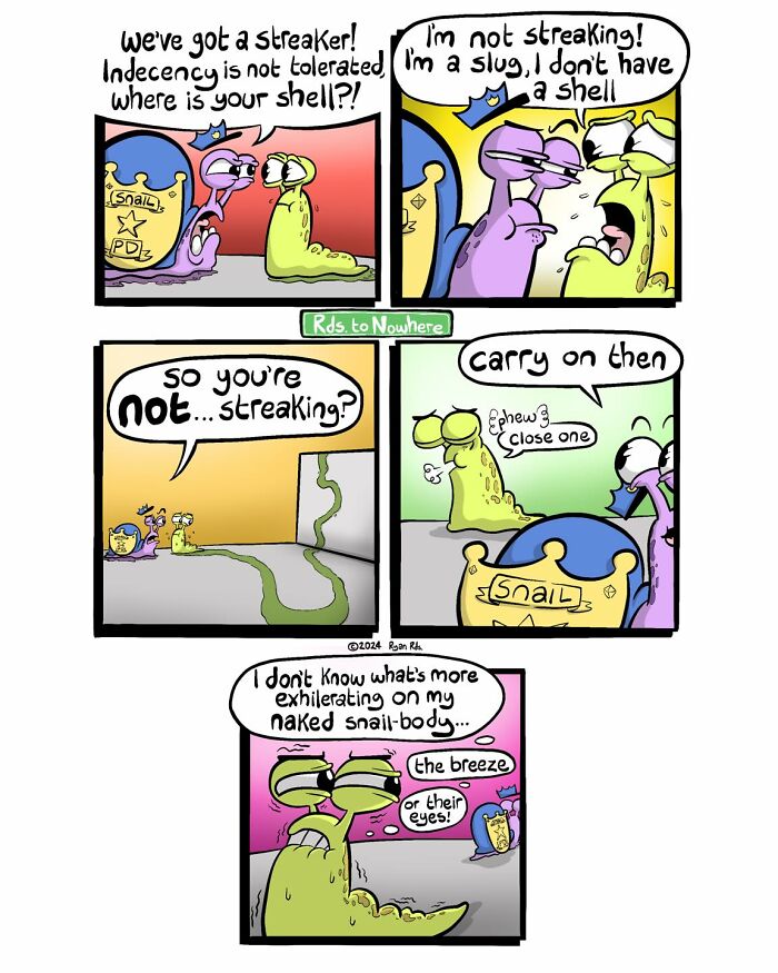 Comic artist’s dark and absurd punchlines feature a slug and snail in a humorous, unexpected setup and dialogue.