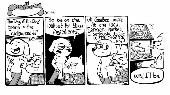 Comic artist’s dark and absurd punchline in black and white strip featuring animals at the farmer’s market.