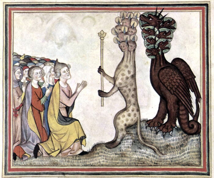 Medieval painting depicting a crowned figure with a scepter facing a two-headed dragon, surrounded by an audience.