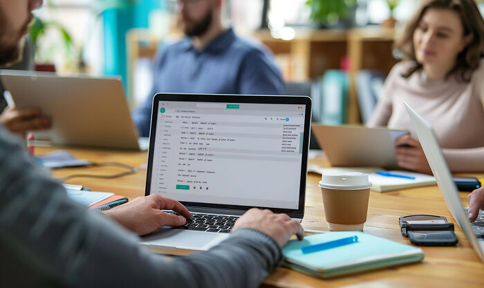 Office workers using laptops in a meeting illustrating pointless infuriating bizarre office rules causing frustration and disbelief.