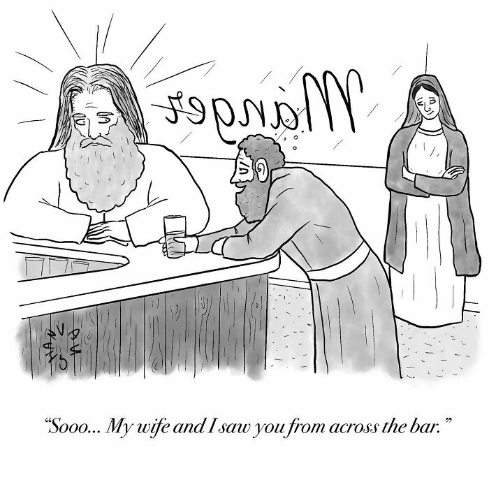 Black and white comic showing a bearded man and a haloed bartender with the word miracle in the background, comedic comic style.