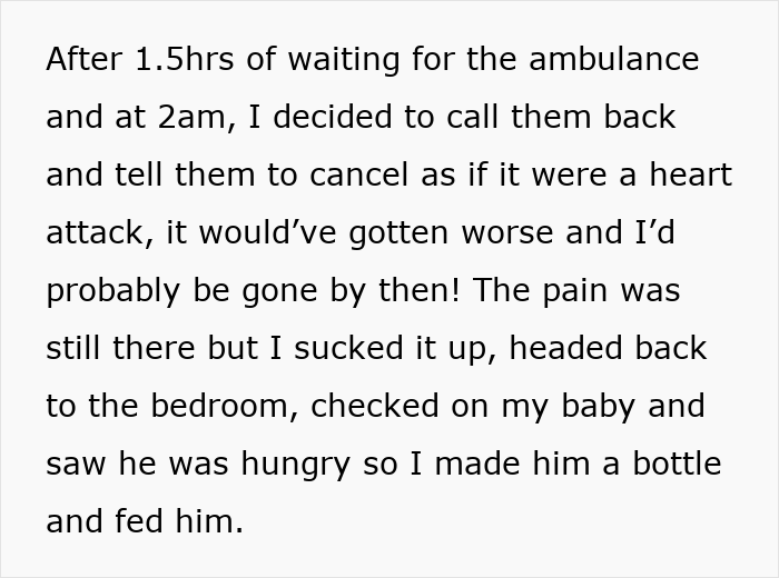 Text describing waiting and canceling ambulance after partner sleep, managing pain and feeding baby during the night.