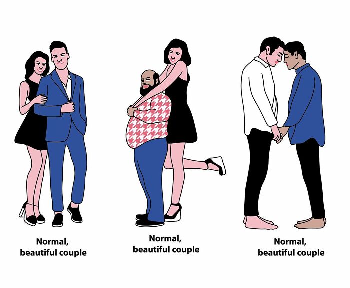 Studio Stoutpoep illustrations of three stylized couples in satirical poses captioned Normal, beautiful couple