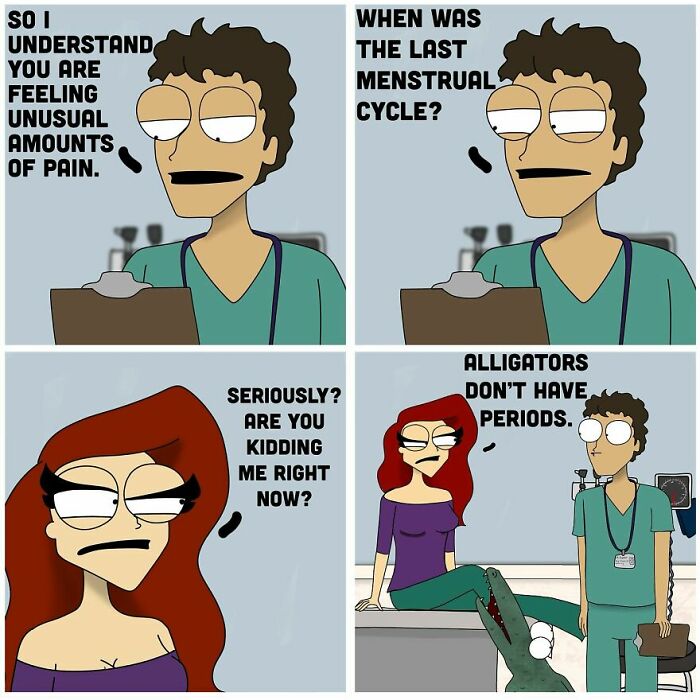 Comic from The RedDot showing a doctor asking a patient about menstrual cycles with an alligator in the exam room.