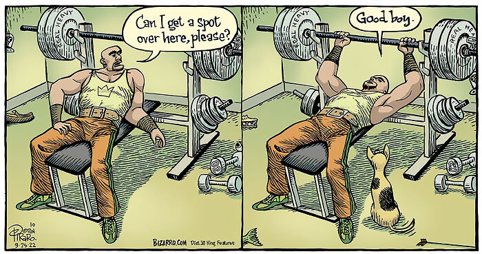 Man lifting weights and asking for a spot while dog watches, cartoon capturing relatable moments in modern life.