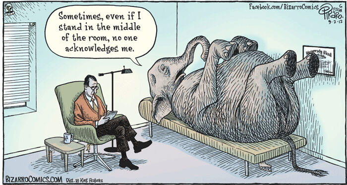 Cartoon by Dan Piraro featuring an elephant on a therapist’s couch expressing being ignored in relatable modern life moments.