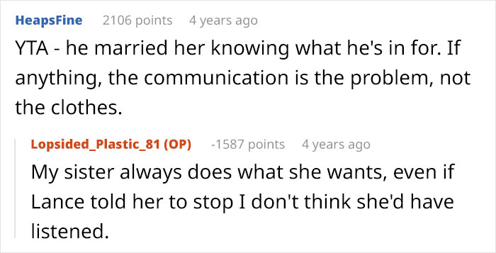 Reddit comments discussing communication issues and reactions to a woman&rsquo;s clothing in a relationship context.