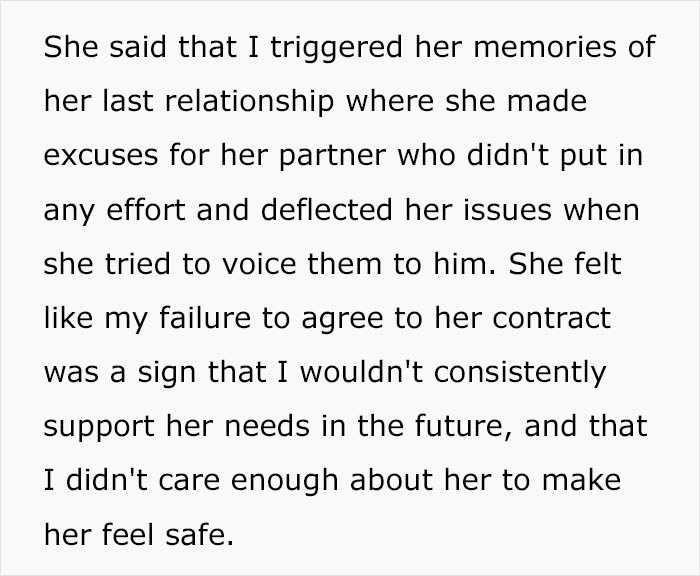 Text excerpt about a woman feeling unsupported after her boyfriend refuses to sign a contract sharing his income.