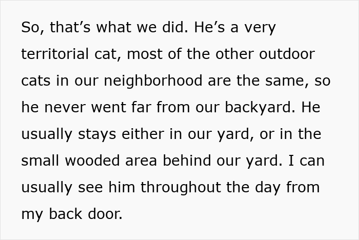Text about a territorial cat disappearing for days, with a neighbor secretly adopting him in the neighborhood.