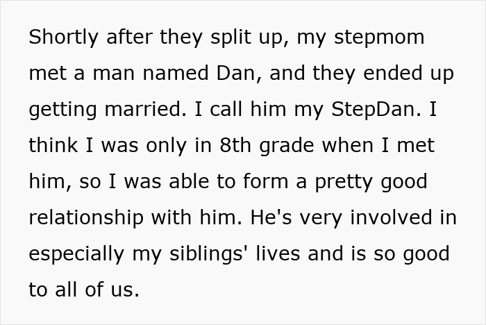 Text describing a woman explaining why she has seven parents, detailing relationships with step-parents and StepDan.