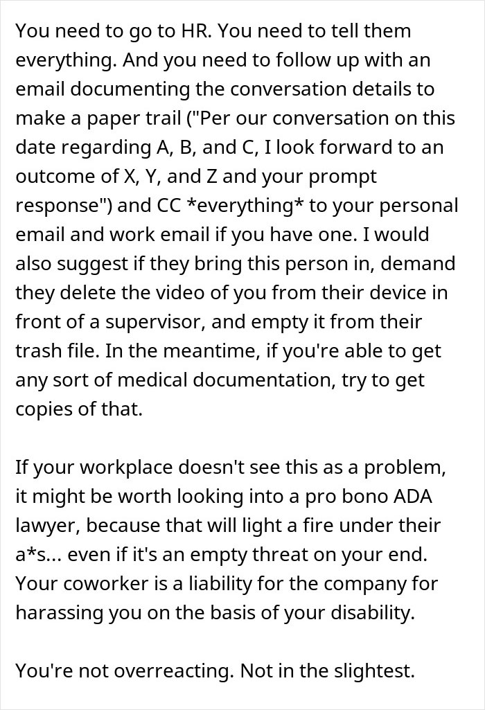 Advice on handling a coworker filming to prove she&rsquo;s not actually disabled and steps to protect yourself at work.