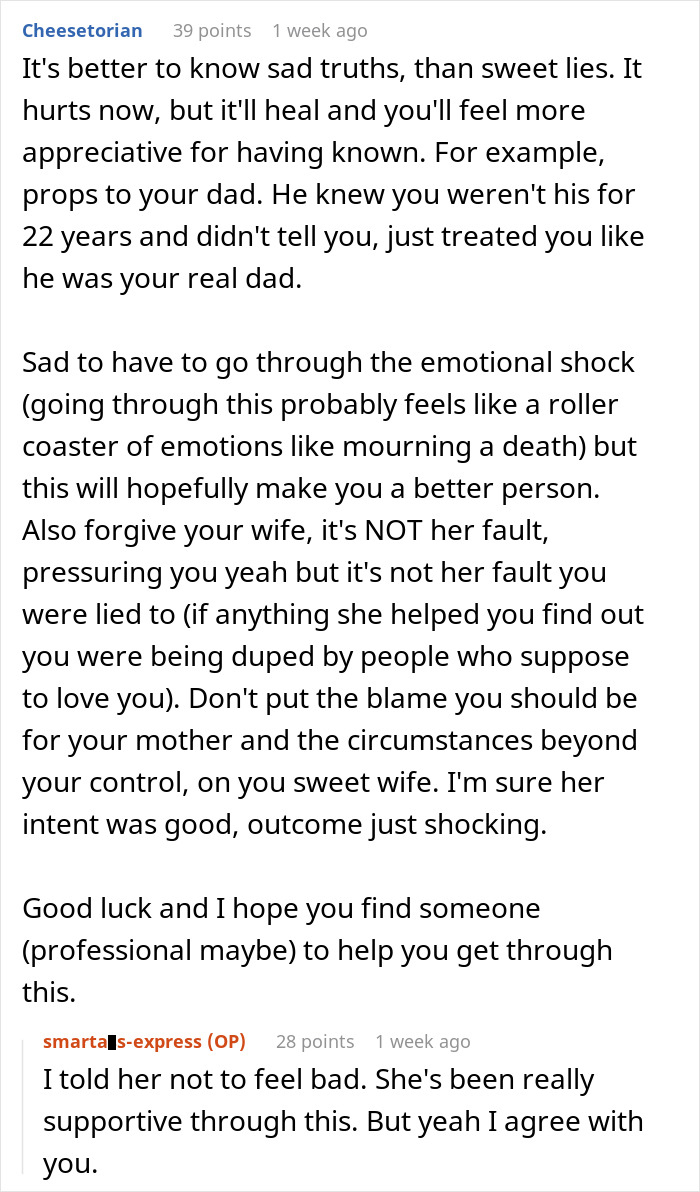 Commenters discuss emotional impact after a man finds out about a secret family via an ancestry test.