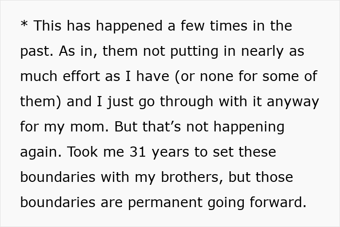 Text excerpt about setting boundaries with brothers over effort for mom’s birthday gift after repeated disappointment. Text excerpt about setting boundaries with brothers over effort for mom’s birthday gift after repeated disappointment.