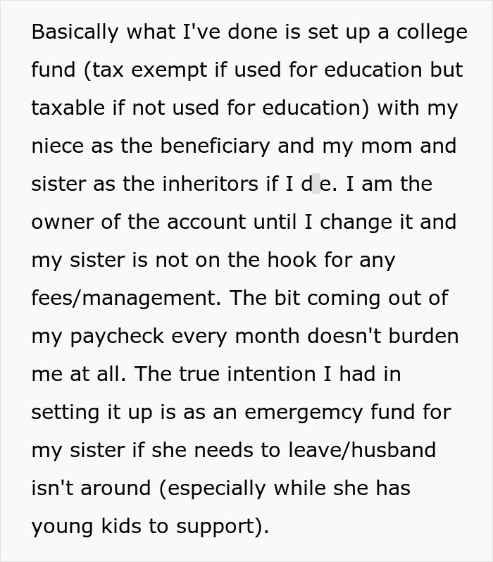 Text explaining a woman starting a secret fund as emergency support for her sister who became a tradwife. Text explaining a woman starting a secret fund as emergency support for her sister who became a tradwife.