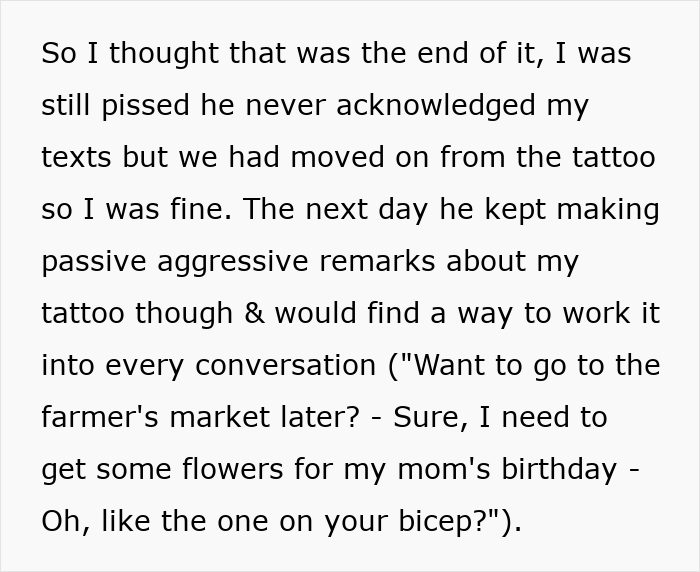 Text excerpt discussing a guy’s jealousy over fiancée’s tattoo designed by her ex, leading to wedding postponement. Text excerpt discussing a guy’s jealousy over fiancée’s tattoo designed by her ex, leading to wedding postponement.
