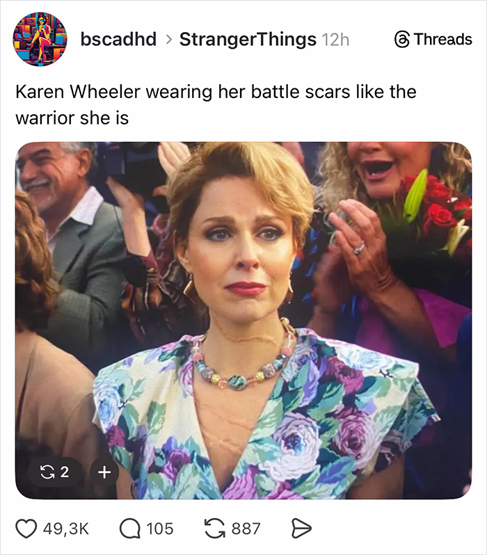 Karen Wheeler with visible scars from battle, wearing a floral dress, in a Stranger Things final season scene.