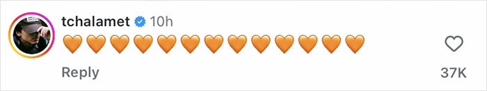 Timoth&eacute;e Chalamet Instagram comment with multiple orange heart emojis sparking buzz about Kylie Jenner outing.