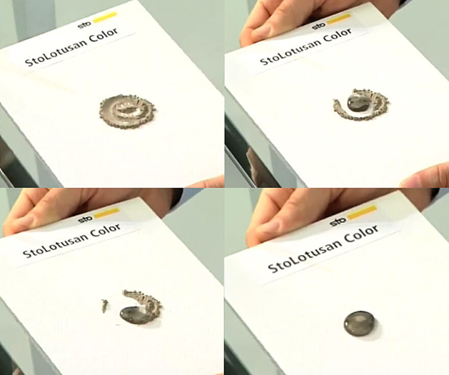 Hands demonstrating water repellent paint on a StoLotusan Color surface, showcasing biomimicry examples in design.