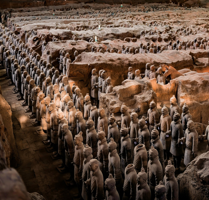 Rows of ancient terracotta warrior statues in a restricted archaeological site among forbidden places on earth.